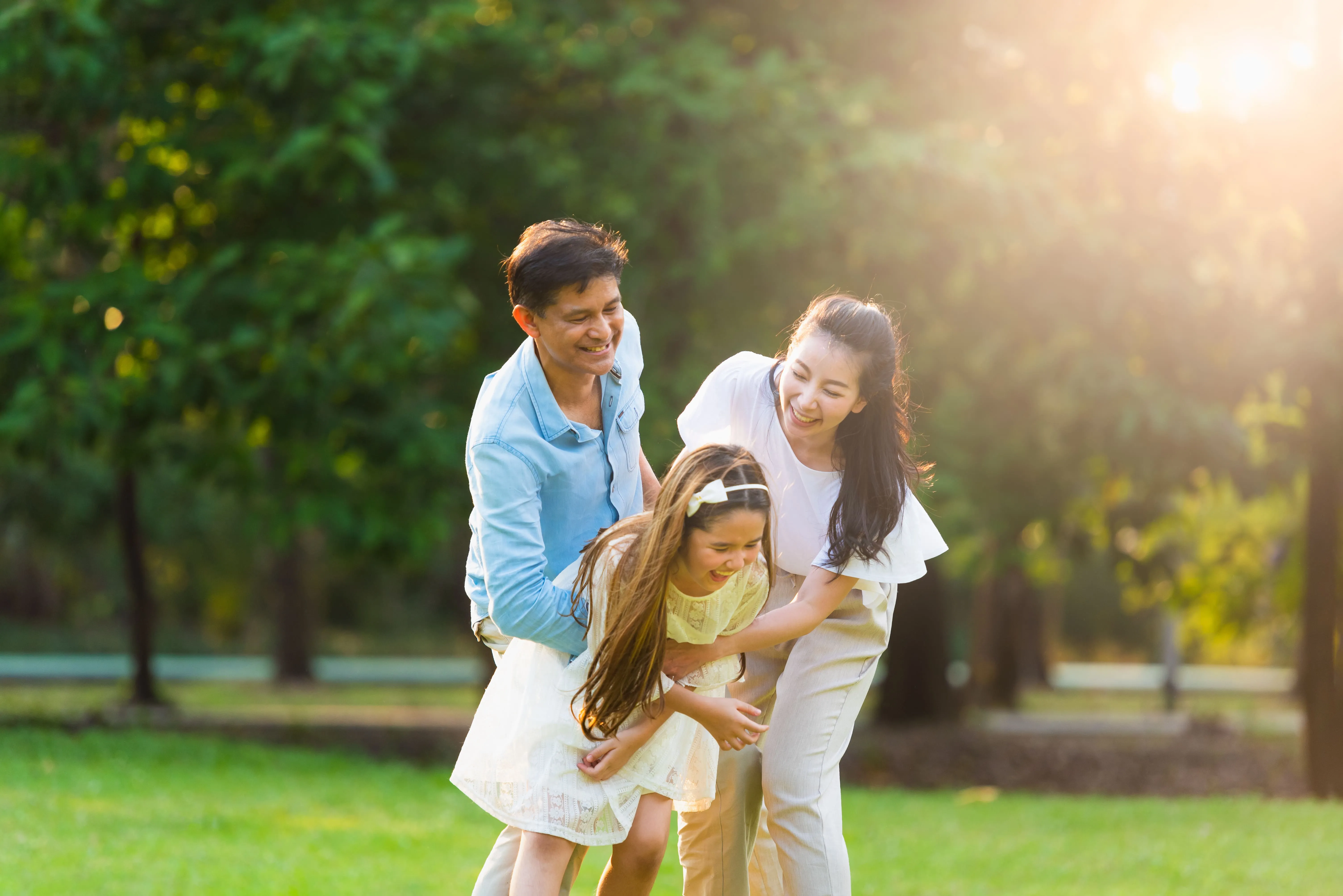 Running happy family in the park